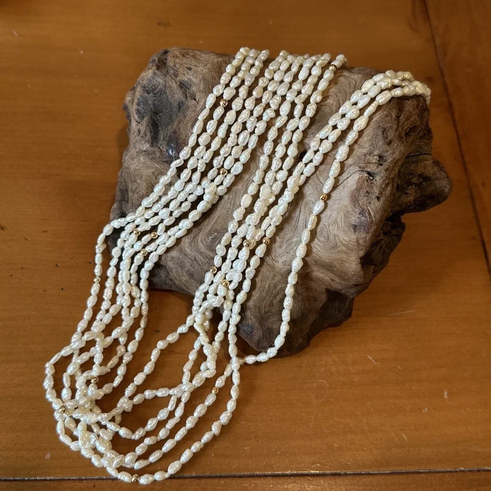 VTG Six Strand Seed Pearl Necklace Gold Tone Clasp Beads Hand Knotted Classic